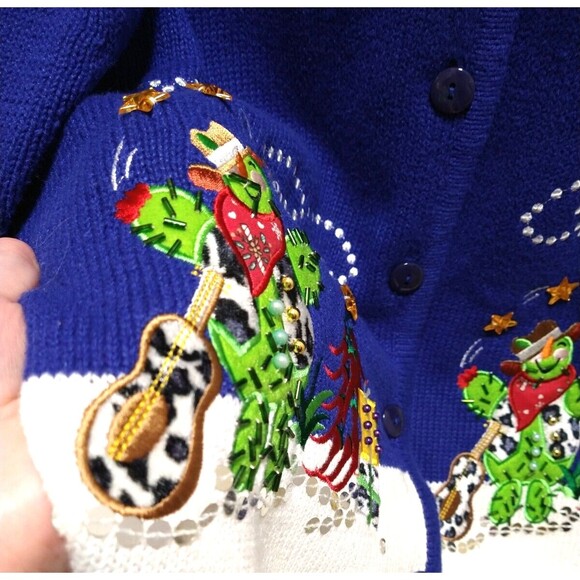Crystal Kobe Womans Large Blue 3D Knit Sweater Cardigan Christmas Cactus Western - Picture 4 of 11